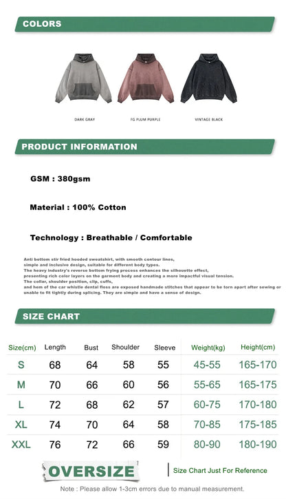 ZODF American Retro Washed Cotton Hoodie For Men Unisex Autumn High Street Oversized Knitted 380gsm Hooded Pullovers Coat HY0913