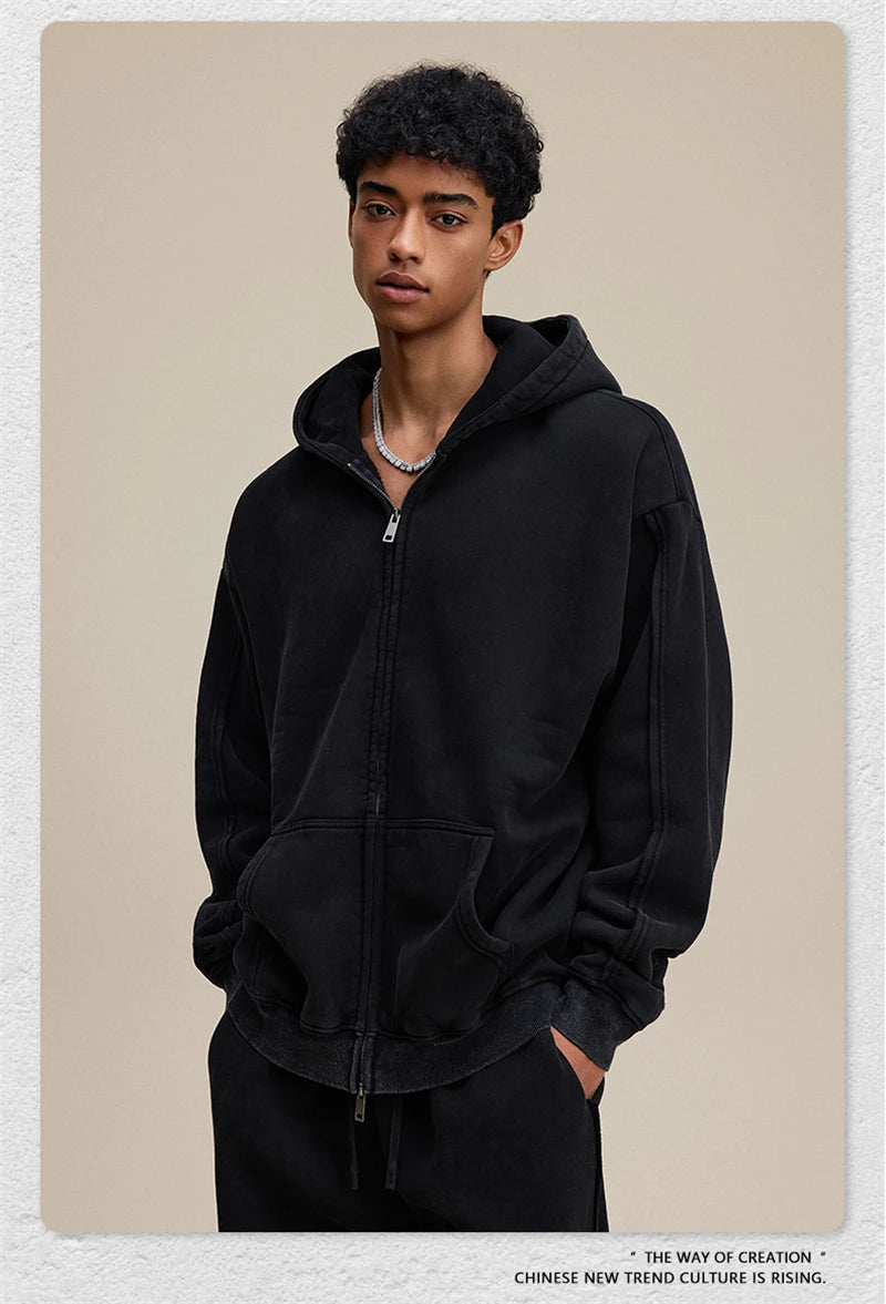 ZODF Retro 2025 Autumn Winter Unisex Zipper Fleece Hoodie 400gsm Washed Batik Warm Hooded Coat HY1084