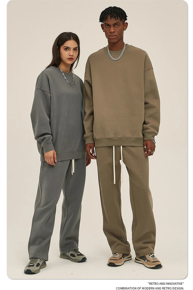 ZODF New 2025 Winter 350gsm Fleece Sweatshirts For Men Unisex Casual Loose Basic Solid O-Neck Thick Warm Pullovers HY0635