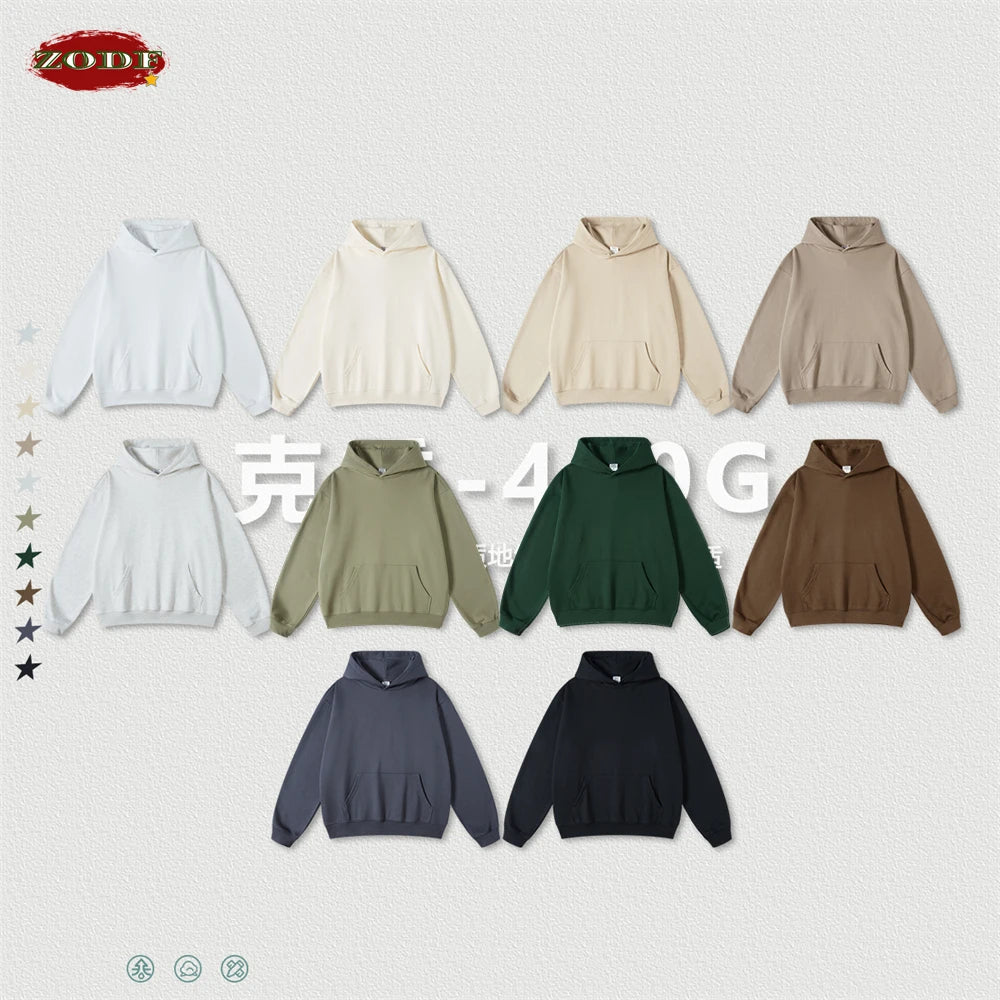 ZODF New Winter 440gsm Terry Hooded Hoodies For Men Retro Unisex Couple Loose Oversized Solid Pullovers Streetwears HY0664