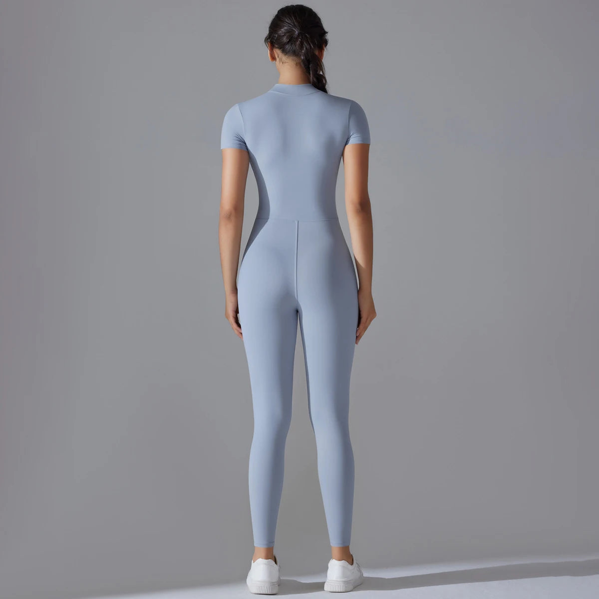 Naked zipper short sleeved yoga suit jumpsuit, quick drying breathable outdoor sports tight fitting jumpsuit, fitness suit