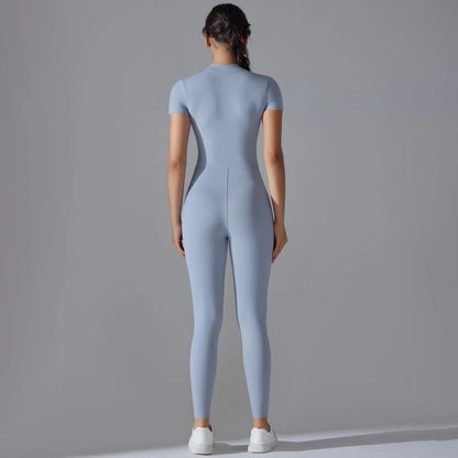 Naked zipper short sleeved yoga suit jumpsuit, quick drying breathable outdoor sports tight fitting jumpsuit, fitness suit