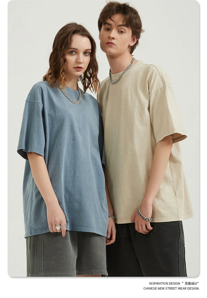 ZODF Men 2024 Retro Summer Washed Solid Cotton T-Shirts Unisex Retro Loose High Street 250gsm Basic Tees Streerwears HY0075