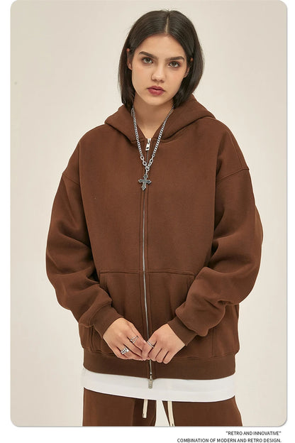 ZODF New Men Double Headed Zipper Fleece Hoodies Unisex Loose Basic Solid Warm Hooded Sweatshirts Coats For Winter HY0633