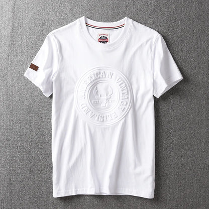 2025 Summer New American Retro Short-sleeved O-neck 3D Letter Printed T-shirt Men's Fashion 100% Cotton Washed Casual Sport Tops