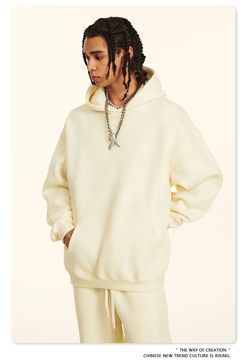 ZODF New 2024 Autumn Winter Men 345gsm Fleece Hoodies Unisex Women Relax Fit Warm Solid Hooded Pullovers Sweatshirts HY0863