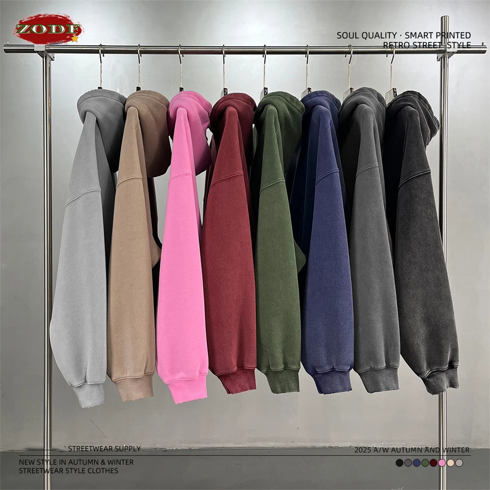 ZODF Retro 2025 Winter Man Washed Boxy Fleece Hoodies Unisex 370gsm Loose Hooded Pullovers Sweatshirt Streetwears HY1129