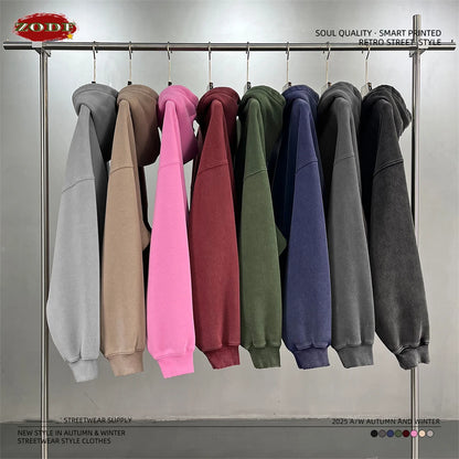 ZODF Retro 2025 Winter Man Washed Boxy Fleece Hoodies Unisex 370gsm Loose Hooded Pullovers Sweatshirt Streetwears HY1129