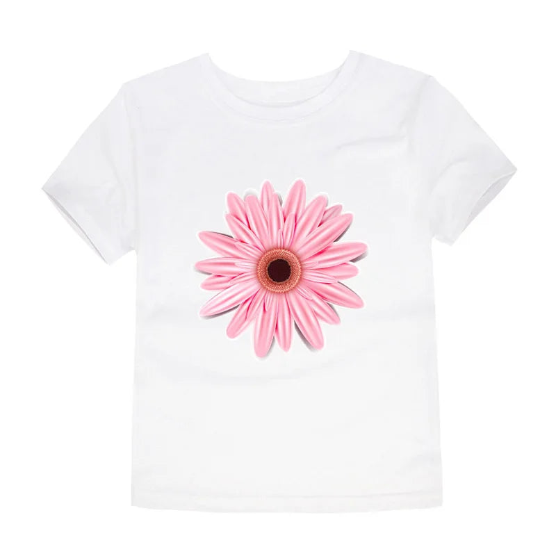2024 New Kids Girls T-shirt Teen 100% Cotton Flower Butterfly Tshirt Green White Korean Summer Tops Clothing 2 4 6 8 10 12 Years