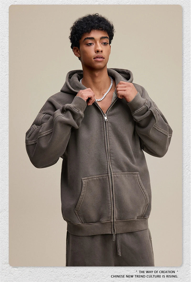 ZODF Retro 2025 Autumn Winter Unisex Zipper Fleece Hoodie 400gsm Washed Batik Warm Hooded Coat HY1084