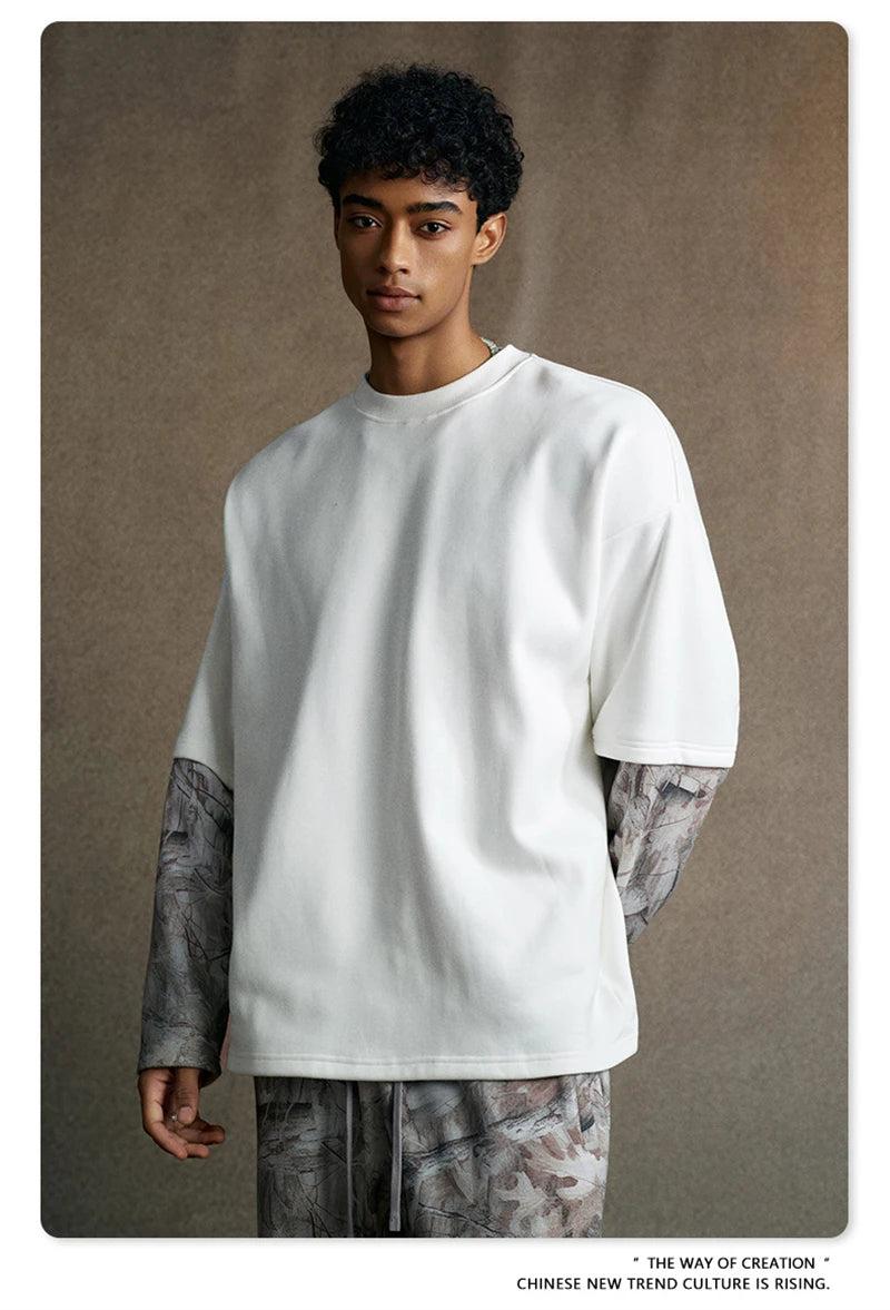 ZODF New Autumn Man Heat Transfer Printing T-Shirt Unisex Oversized 340gsm Fake 2-Piece Long Sleeve T Shirts Brand Tops HY1113