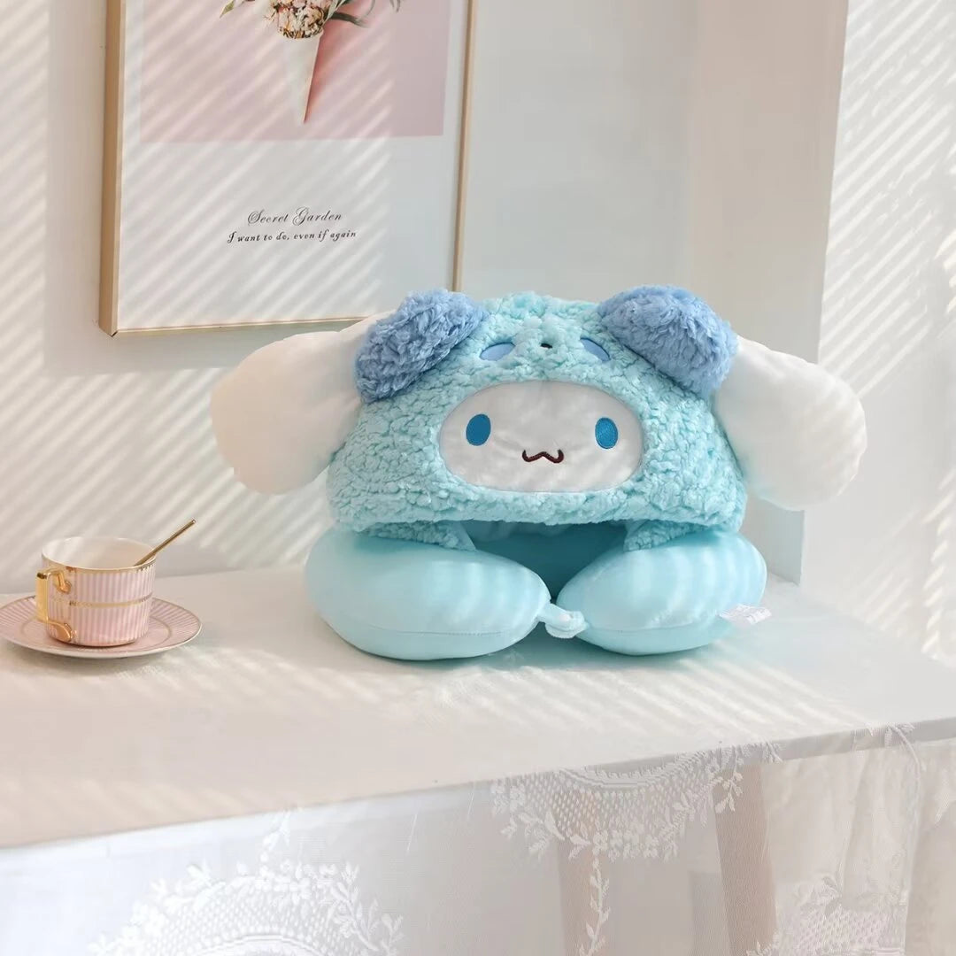 Stuffe Anime Hooded U-shaped Neck Pillow Hello Kitty Kuromi My Melody Travel Blackout Neck Pillow Office Nap Pillow Girl