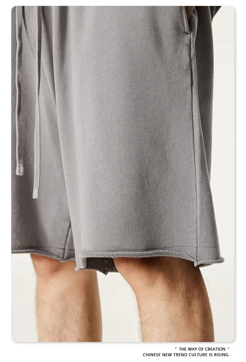 ZODF Retro Summer Washed 370gsm Cotton Shorts For Men Unisex High Street Loose Edge Distressed Solid Shorts Brand Clothes HY1023