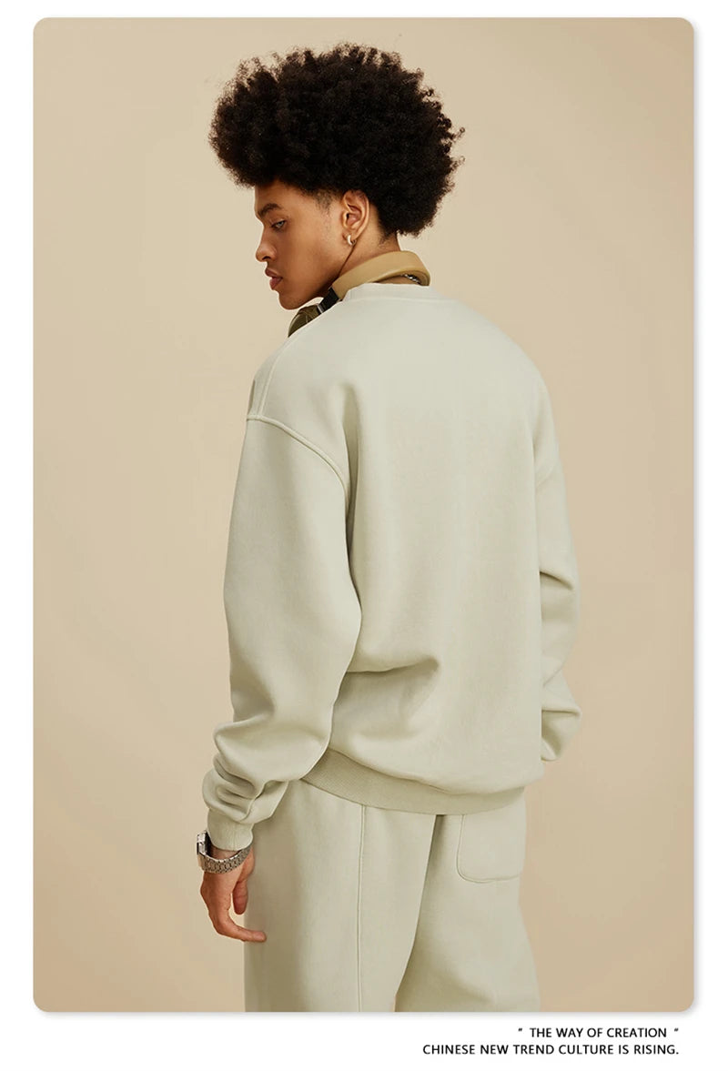 ZODF New Men Winter 355gsm Washed Fleece Sweatshirts Retro Unisex Oversized Solid O-Neck Warm Pullovers Coat Streetwears HY0639