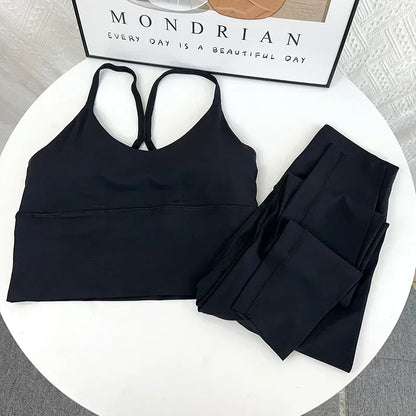 2 Piece Yoga Set Sportswear Fitness Suit with Sexy Cross Back Top and High Waist Elastic Leggings for Running Workout