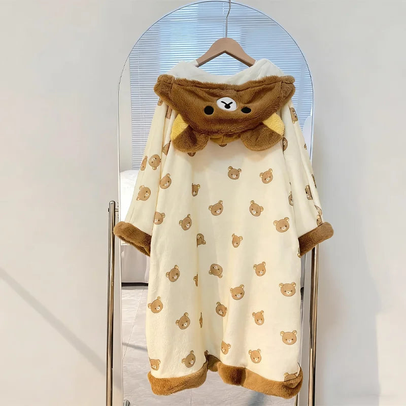 Rilakkuma Women'S Fleece-Lined Thickened Robe Coral Fleece Flannel Hooded Home Clothes Warm Nightgowns Casual Wear For Going Out