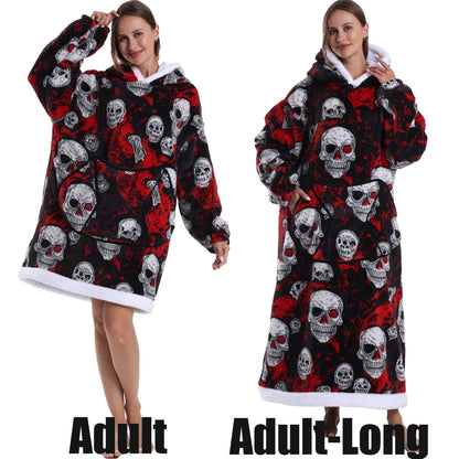 Short/Long Hoodie Blanket for Adults Winter Soft Thicken Warm Wearable Blanket Hoodie with Sleeves Halloween Pajamas for Couples