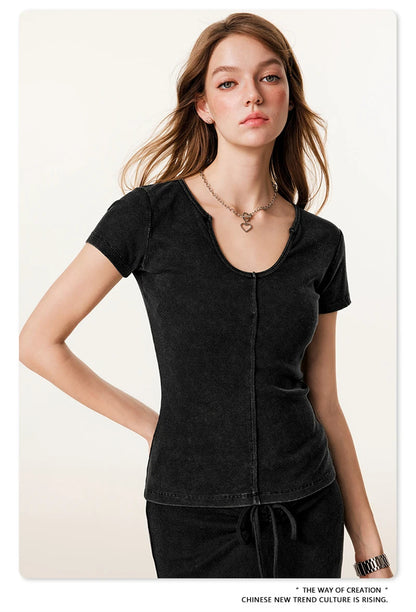 ZODF Women Retro 2025 Summer 275gsm U Collar Washed T-Shirts Hotsweet Girls Sexy Slim Fit T Shirt Brand Tees HY0992