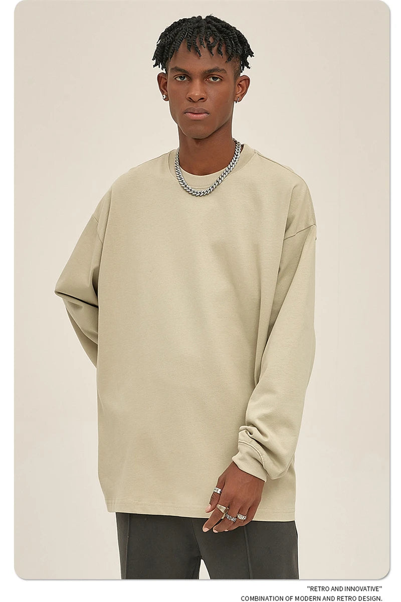 ZODF New 2025 Autumn Men 305gsm 100% Cotton T Shirt Unisex Loose Heavy Weight Basic Long Sleeve Solid T-Shirts Tops HY0634