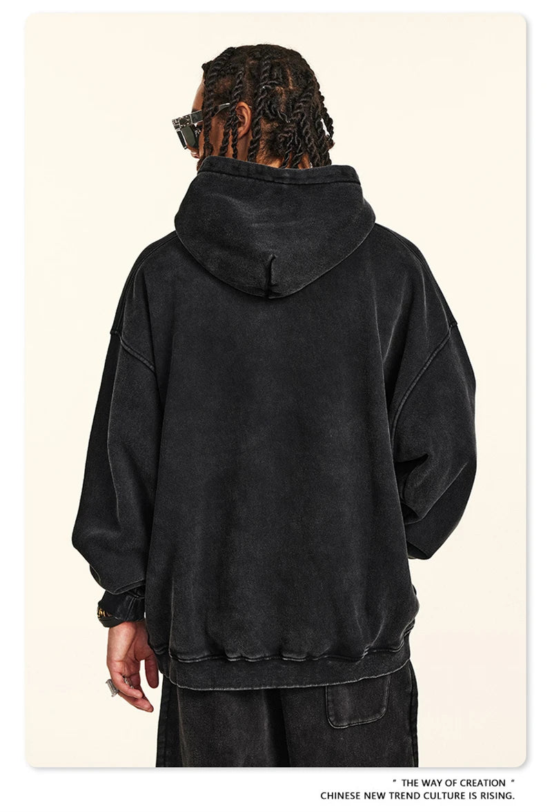 ZODF Retro Men’s Winter Washed Fleece Hoodie 360gsm Warm Knitted Loose Hooded Pullover Streetwear HY0887