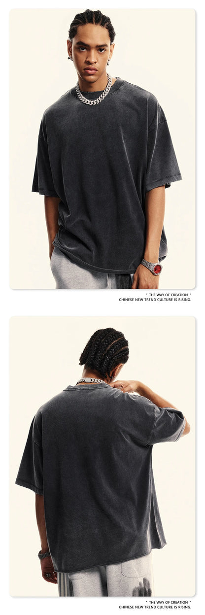 ZODF Fashion 2024 250gsm Washed Distressed T-Shirts For Men Unisex Women Retro Cotton Relax Fit T Shirt Brand Tees HY0838