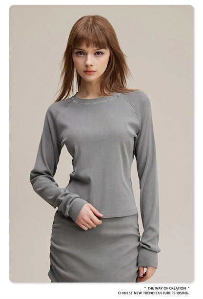 ZODF Sexy Autumn Washed 275gsm Full Sleeve T Shirt For Women Ladies Girls Slim Fit Distressed T-Shirts Tops HY1145