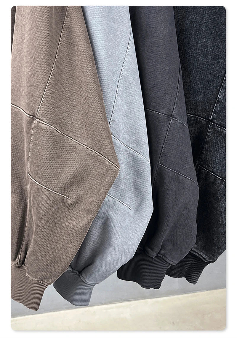 ZODF Heavy Wieght 480gsm Washed Cotton Boxy Zipper Hoodies For Man Unisex Retro Patchwork Off Shoulder Hooded Coats HY1152