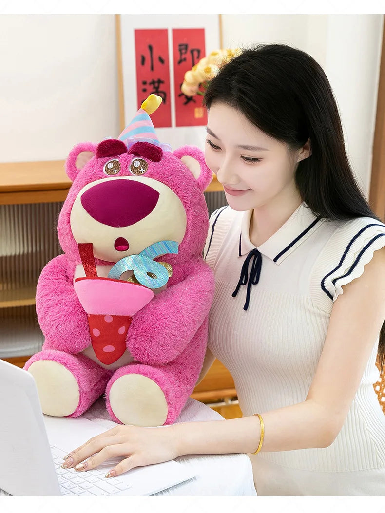 Disney Plush Strawberry Bear Doll with Birthday Hat Cute Stuffed Animal for Kids Birthday Xmas Gift Perfect Toy for Children And