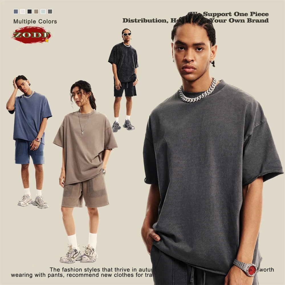 ZODF Retro 2024 Summer Men Washed Cotton T-Shirts  Unisex Women 310gsm Distressed Hem Loose Edge T Shirt Brand Tees HY0808