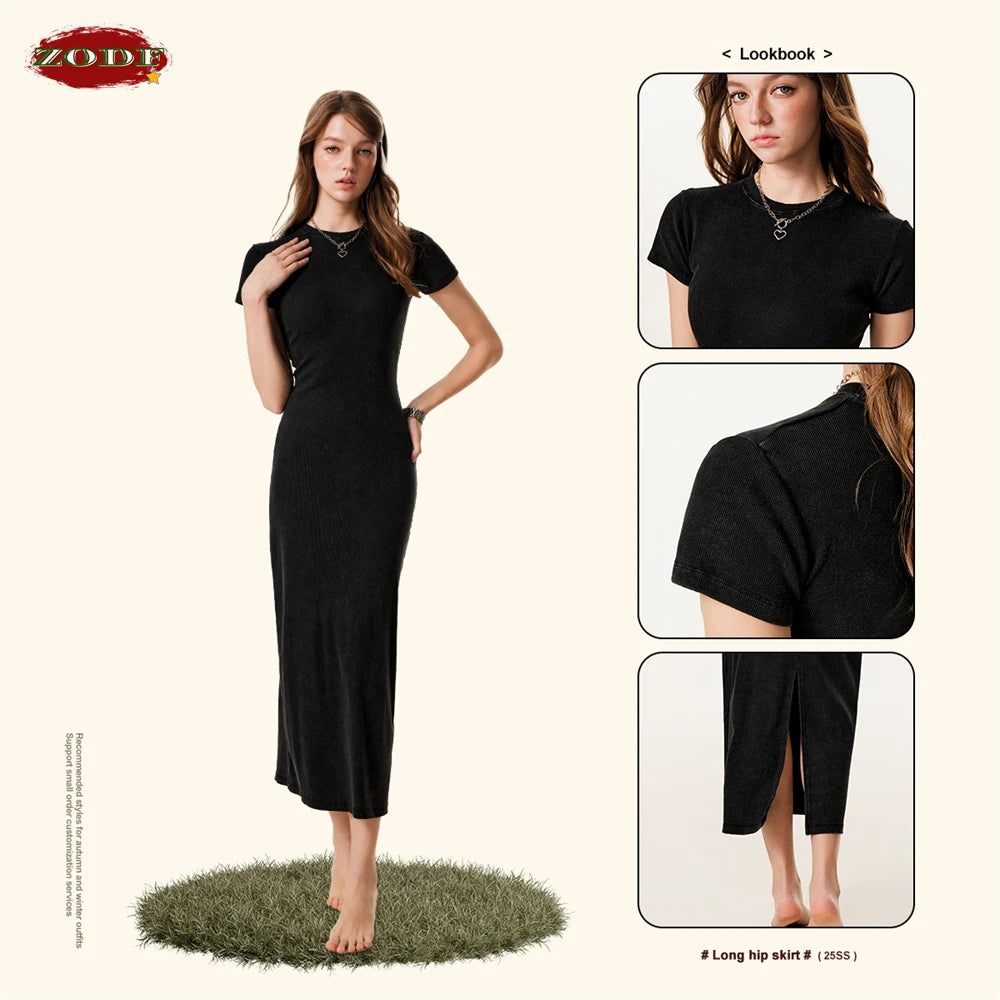 ZODF Sexy 2025 Spring Women 275gsm Long Dress Female Girls O Neck Washed Distressed Slim Slit Fit Dresses HY1008