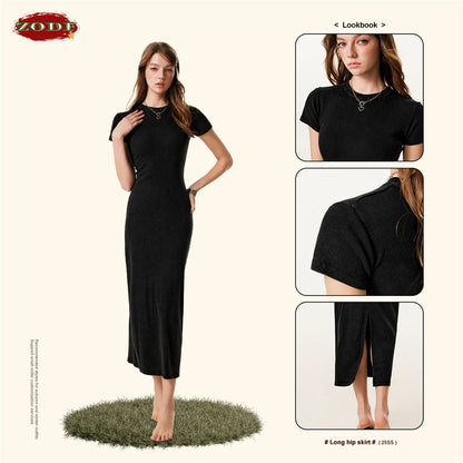 ZODF Sexy 2025 Spring Women 275gsm Long Dress Female Girls O Neck Washed Distressed Slim Slit Fit Dresses HY1008