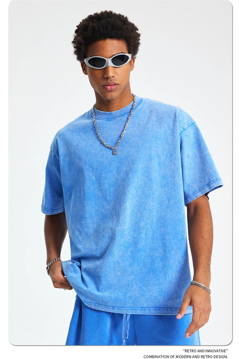 ZODF 2025 High Street Summer Washed Cotton Unisex Loose Retro Solid T-Shirt HY0113