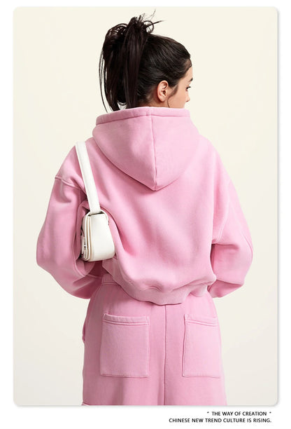 ZODF Retro 2025 Winter Women Short Zipper Hoodies Female Girls Loose 355gsm Thick Fleece Hooded Zip-up Coat Streetwears HY0448