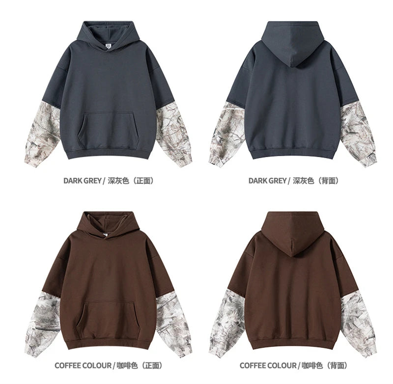 ZODF Fashion Winter Fake 2-Piece 340gsm Fleece Hoodies For Men Unisex High Street Camouflage Sleeve Hooded Pullovers HY1153
