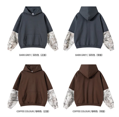 ZODF Fashion Winter Fake 2-Piece 340gsm Fleece Hoodies For Men Unisex High Street Camouflage Sleeve Hooded Pullovers HY1153