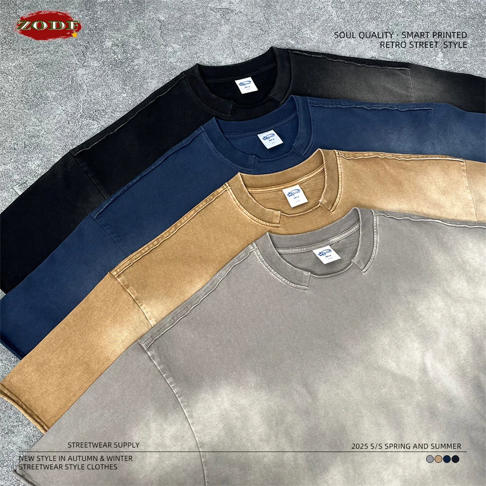 ZODF Retro Summer Men Washed 100% Cotton T-Shirts Unisex High Street Oversized Distressed Broken Neck T Shirt Brand Tees HY1050