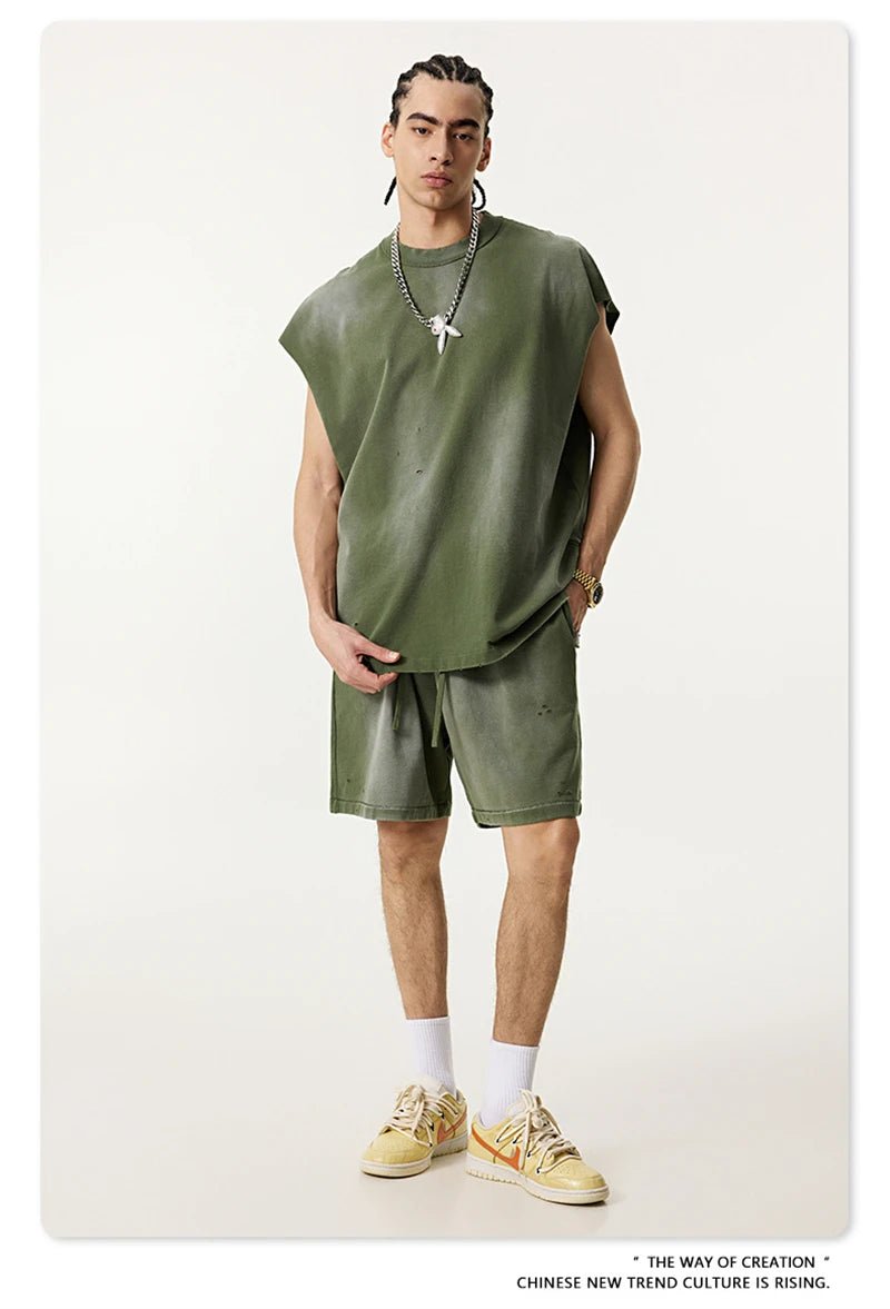 ZODF 2025 Summer 285gsm Washed Tank Tops For Men Unisex American Retro Cut Distressed Oversized Sleeveless TEE Vest HY1006