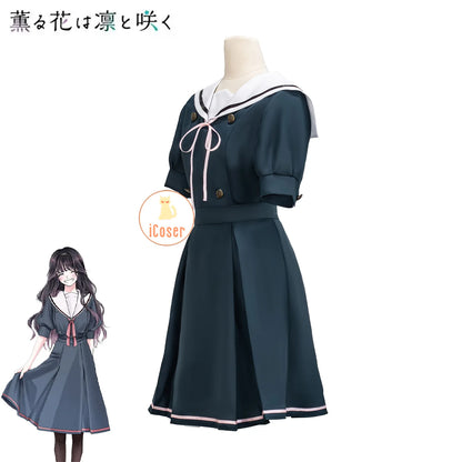 Kaoruko Waguri Cosplay Summer Skirt Dark Blue Dress Anime The Fragrant Flower Blooms with Dignity Halloween Cosplay Costume Girl