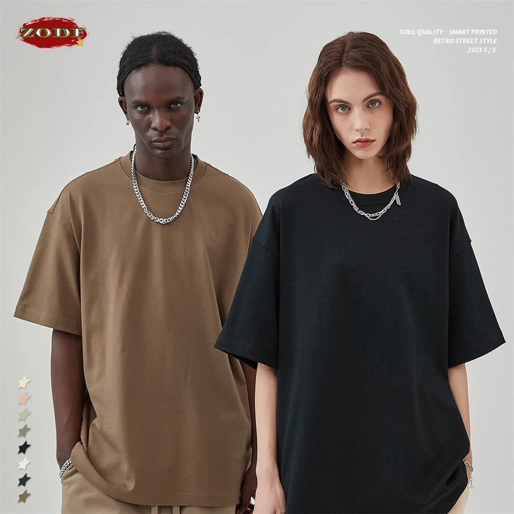 ZODF New Summer Men 100% Cotton Solid T Shirts Unisex High Street Heavy Weight 305gsm Oversized FG Noshrink T-Shirt Tops HY0165