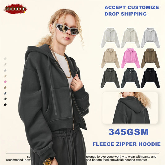 ZODF 2024 Winter Women Zipper Crop Hoodies Female Girls Solid 345gsm Warm Fleece Short Hooded Zip-Up Coat HY0911