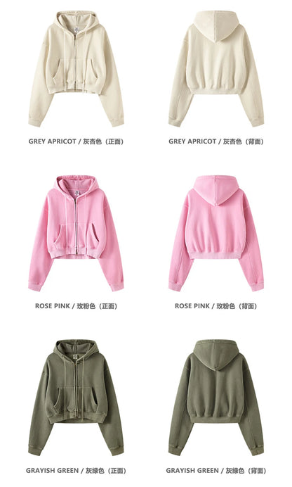 ZODF Retro 2025 Winter Women Short Zipper Hoodies Female Girls Loose 355gsm Thick Fleece Hooded Zip-up Coat Streetwears HY0448