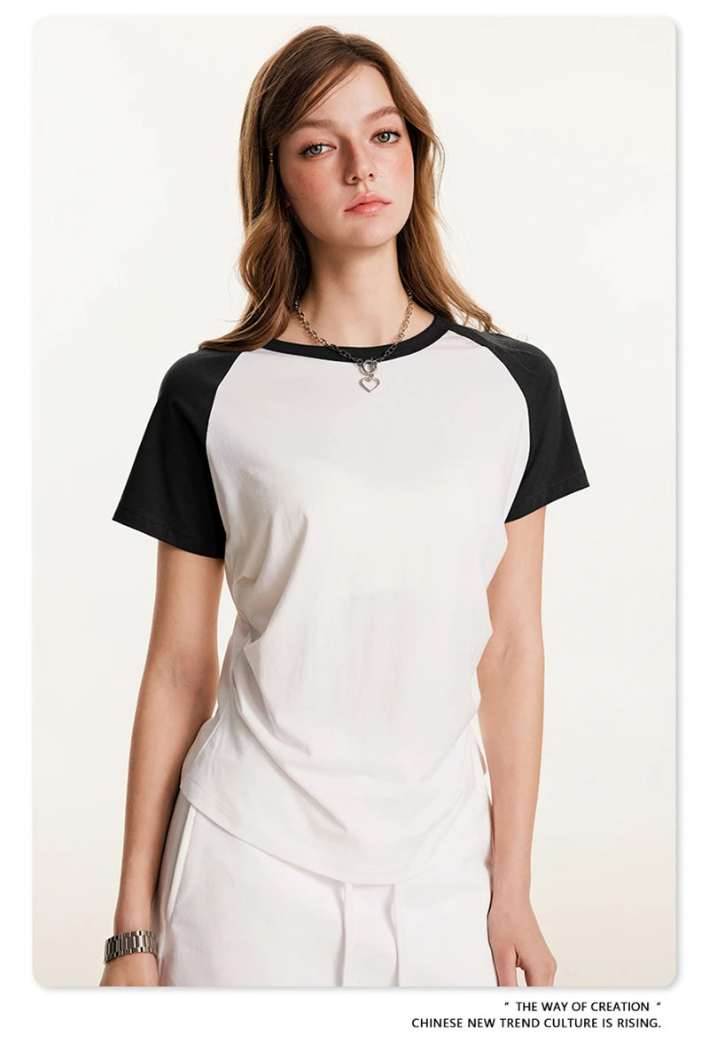 ZODF Hotsweet Summer Women Raglan Sleeve T-Shirts Girls Slim Fit 150gsm Casual Patchwork O Neck T Shirt Brand Tees HY1021