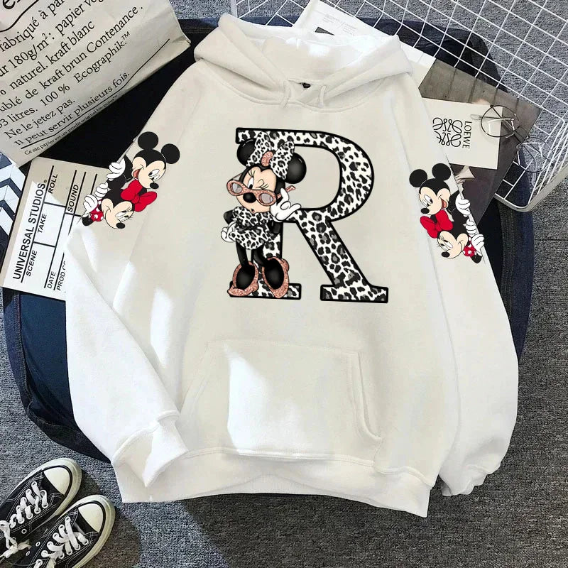 2024 Women's Winter Jacket Cute Kawaii Disney Mickey Mouse Lucky Letters Print White Hoodie Fashion Couple Streetwear Sportswear