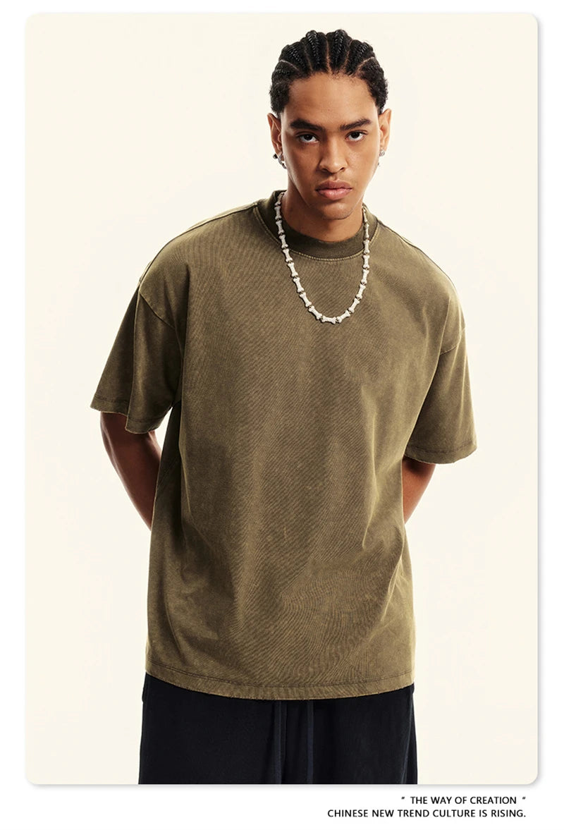 ZODF Vintage 2024 Summer Men Washed Solid 230gsm T-Shirts Unisex Ripped Breathable Quick Dry Cooling Feeling T Shirt Tees HY0801