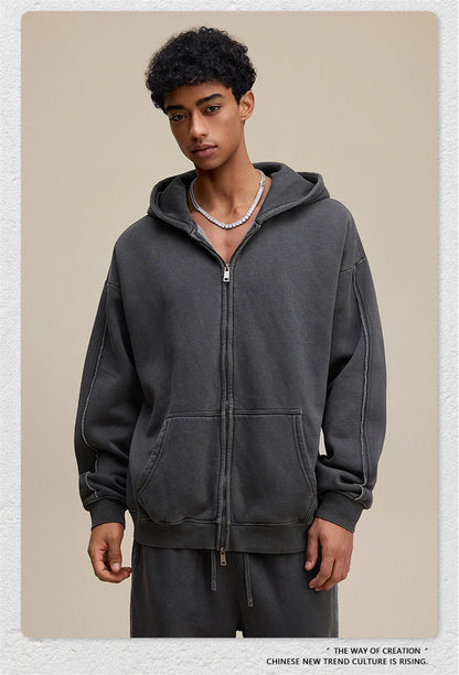 ZODF Retro 2025 Autumn Winter Unisex Zipper Fleece Hoodie 400gsm Washed Batik Warm Hooded Coat HY1084