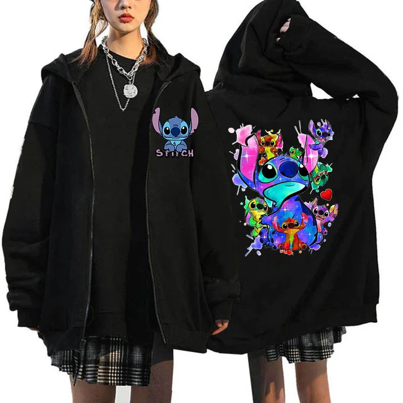 Women's Zip Hoodies Disney Role Play Lilo & Stitch Graphic Print Sweatshirt Winter Outerwear Girls Student College Clothing Tops