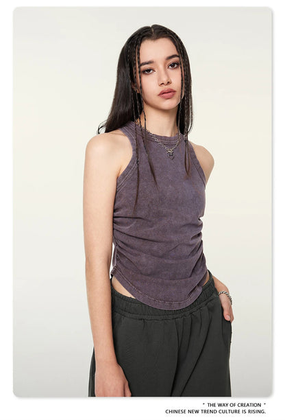 ZODF Women 2024 Summer Washed Tank Tops Female Hotsweet Girls 235gsm Slim Pleated Arc Hem Camisole TEE Streetwears HY0795