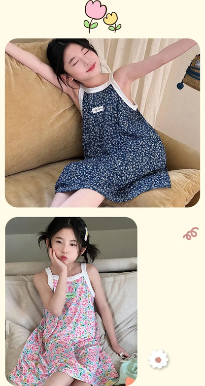 Kids Girls Nightgown Cartoon Nightdress Girl Sleepwear Nightie Summer Sleeveless Floral Print Cats Nightwear Children Clothes