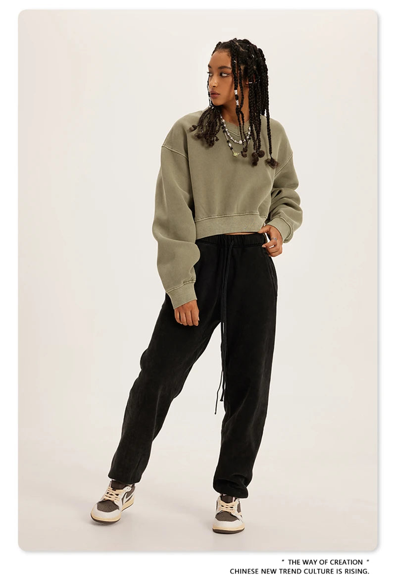 ZODF Winter Women Short Fleece Cropped Sweatshirts Girls Female Hip Hop Loose 400gsm V-Neck Pullovers Brand Tops HY0437
