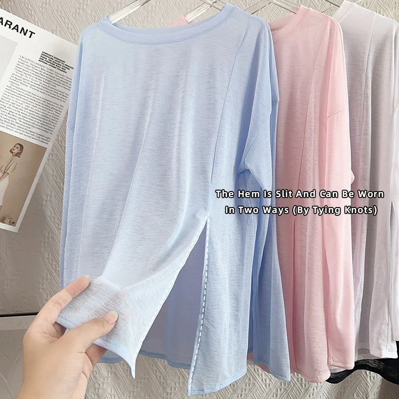 Women’s Long Sleeve Yoga Shirt O-Neck Breathable Loose Fit Sports Top for Running Pilates Gym Fitness